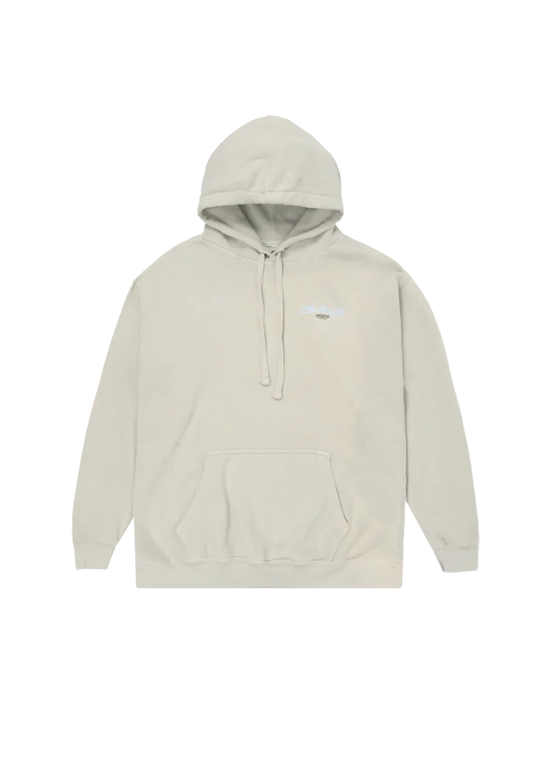 Front of the cream Ariana Grande hoodie featuring a small chest graphic with “34+35” and “ariana positions” in light blue and black text. Minimalist design meets cozy merch from her Positions album.