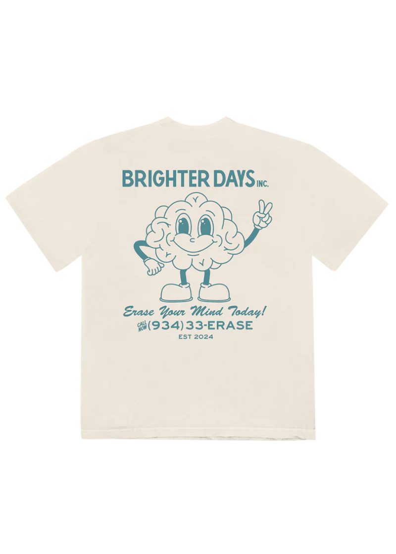 Off-white t-shirt with a vintage-style teal graphic featuring a cartoon brain mascot and the text “BRIGHTER DAYS INC. Erase Your Mind Today! (934) 33-ERASE EST 2024” — playful, retro-inspired Ariana Grande merch.