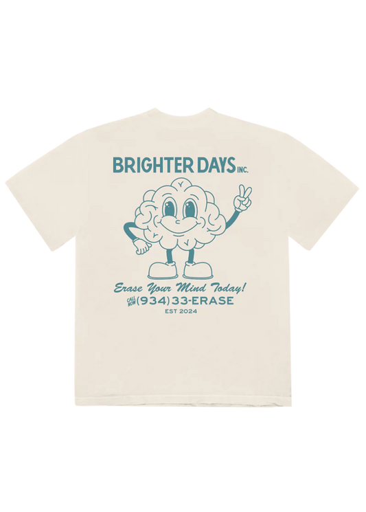 Off-white t-shirt with a vintage-style teal graphic featuring a cartoon brain mascot and the text “BRIGHTER DAYS INC. Erase Your Mind Today! (934) 33-ERASE EST 2024” — playful, retro-inspired Ariana Grande merch.