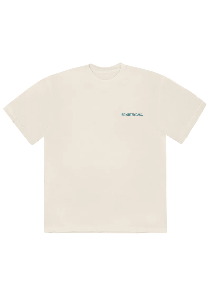 Front of an off-white tee with a small teal “BRIGHTER DAYS INC.” logo on the left chest — clean, minimal design tied to the eternal sunshine deluxe era.
