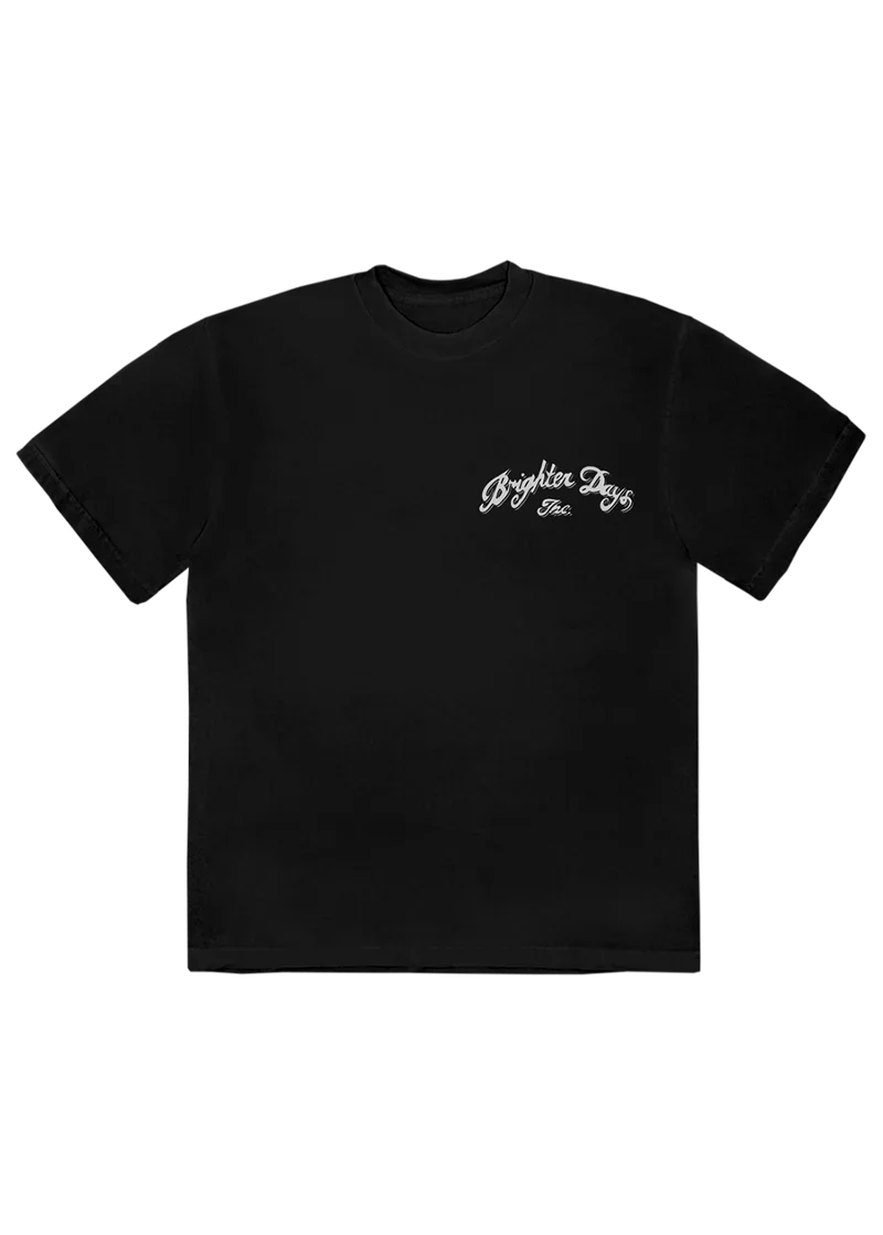 Black Ariana Grande t-shirt with a small vintage-style white script reading “Brighter Days Inc.” on the front left chest. A clean and classic look with a subtle nod to the Eternal Sunshine era.