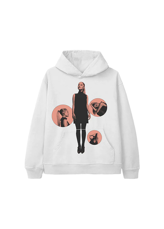 White Ariana Grande hoodie featuring four pink circular photo bubbles and a central full-body image of Ariana in a black dress, referencing the Eternal Sunshine album visuals. A modern, artsy collage-style graphic printed across the chest.