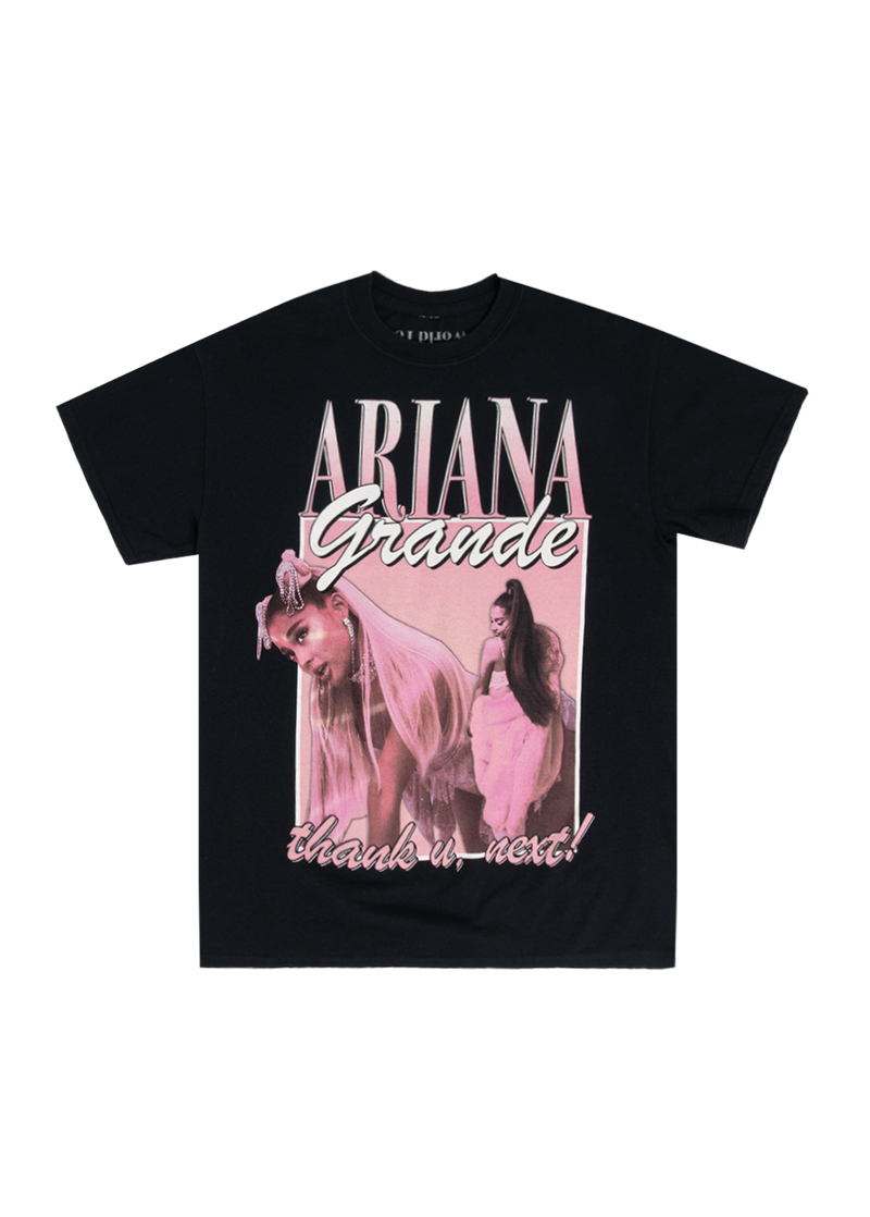 Black Ariana Grande t-shirt with a bold pink-toned collage of Ariana in her “thank u, next” era, featuring large text reading “Ariana Grande” and “thank u, next!” in retro style. A standout fan piece inspired by early 2000s aesthetics.