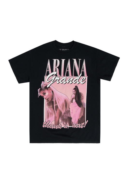 Black Ariana Grande t-shirt with a bold pink-toned collage of Ariana in her “thank u, next” era, featuring large text reading “Ariana Grande” and “thank u, next!” in retro style. A standout fan piece inspired by early 2000s aesthetics.