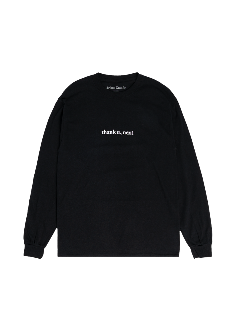 Black Ariana Grande long sleeve t-shirt featuring minimalist white embroidered text on the chest that reads “thank u, next.” A sleek, understated piece inspired by her chart-topping single.