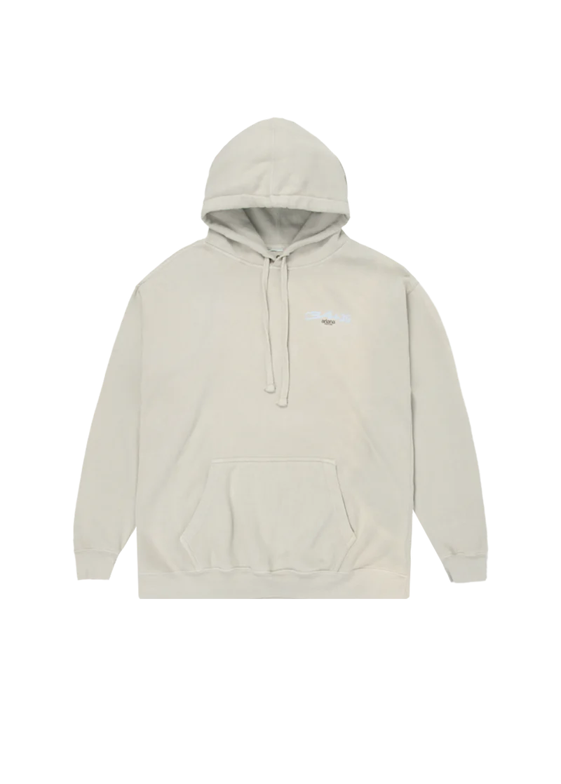 Front of the cream Ariana Grande hoodie featuring a small chest graphic with “34+35” and “ariana positions” in light blue and black text. Minimalist design meets cozy merch from her Positions album.

