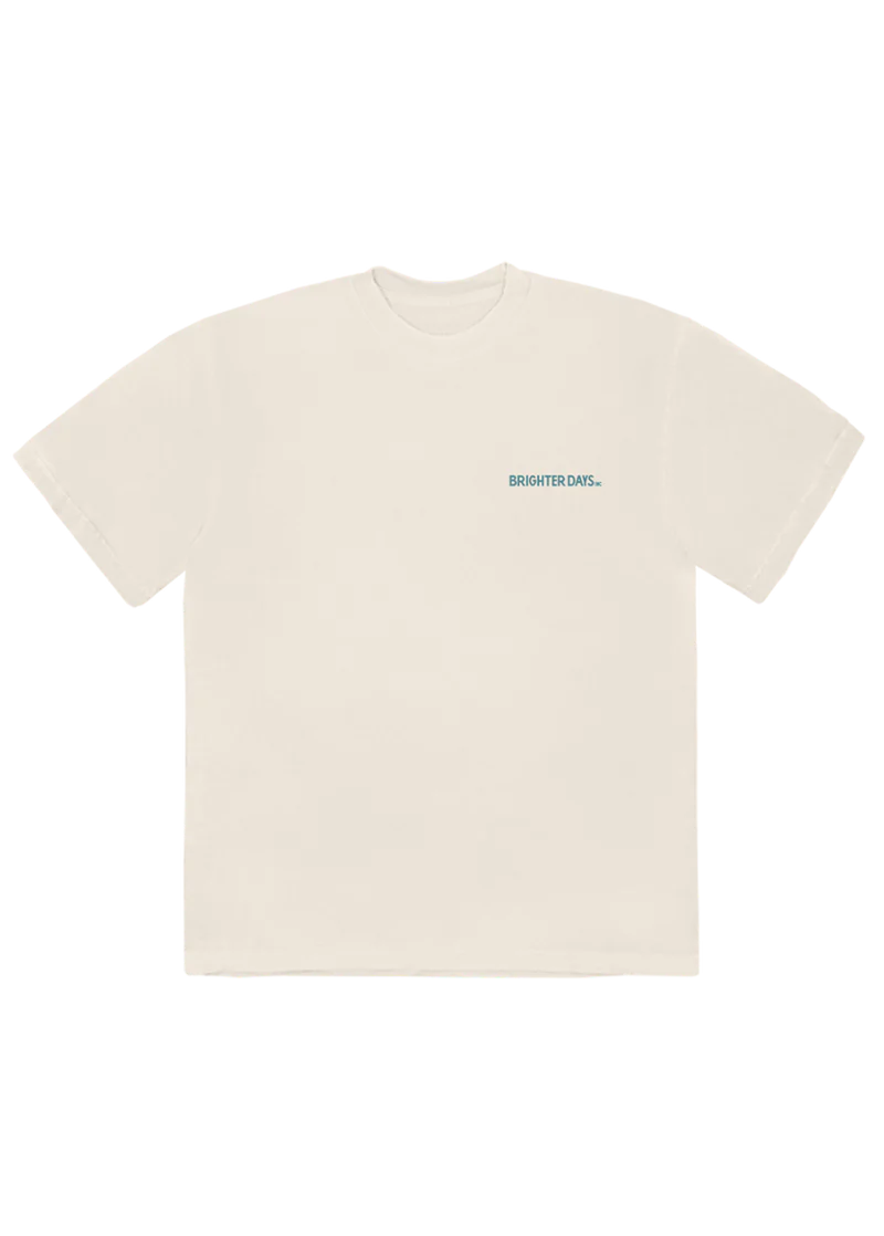 Front of an off-white tee with a small teal “BRIGHTER DAYS INC.” logo on the left chest — clean, minimal design tied to the eternal sunshine deluxe era.

