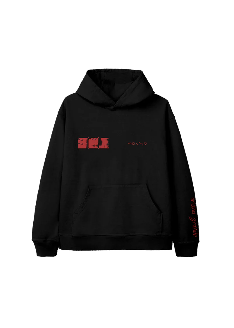 Black Ariana Grande Eternal Sunshine hoodie featuring a red glitch-style close-up photo grid and celestial symbols across the chest, with 'ariana grande' in red on the sleeve.