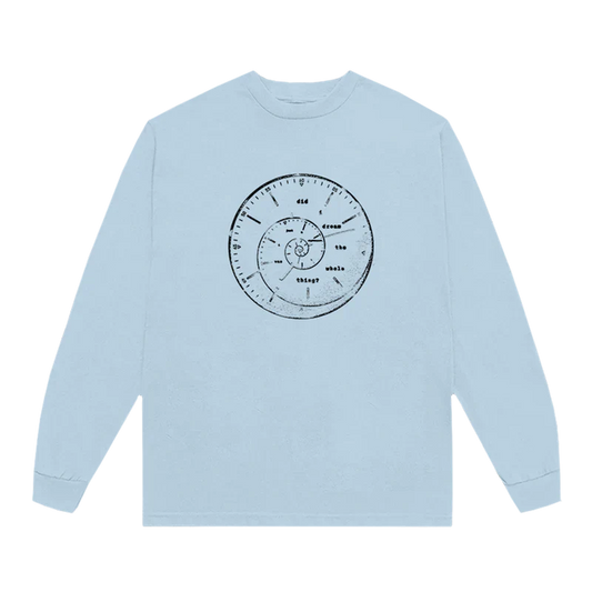 Light blue Ariana Grande long sleeve t-shirt with a black spiral clock graphic on the chest and the words “did I dream the whole thing?” — from the Twilight Zone merch collection.


