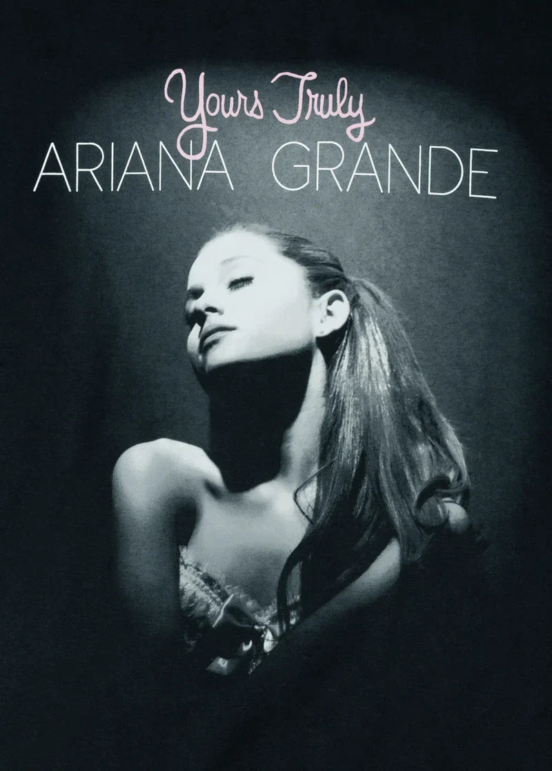 Close-up of the Ariana Grande Yours Truly cover t-shirt design, showcasing the grayscale portrait and elegant title text in script and modern font styles.

