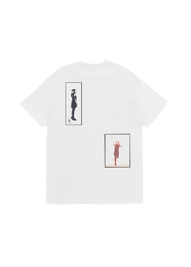 Back of white Ariana Grande t-shirt featuring two framed portraits — one in grayscale and one in red tones — of Ariana in a sleeveless dress, evoking a cinematic and nostalgic vibe from the Eternal Sunshine visual concept.

