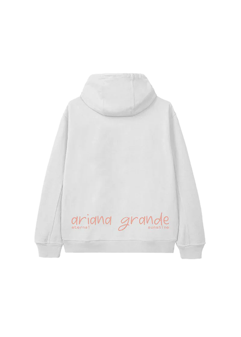 Back of white hoodie with soft pink script text along the hem reading “ariana grande eternal sunshine.” A clean and minimal design element tying into the dreamy, emotional aesthetic of the Eternal Sunshine era.

