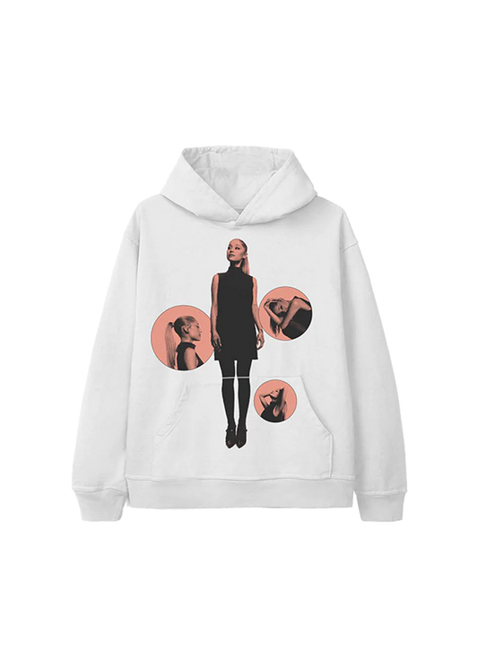 White Ariana Grande hoodie featuring four pink circular photo bubbles and a central full-body image of Ariana in a black dress, referencing the Eternal Sunshine album visuals. A modern, artsy collage-style graphic printed across the chest.

