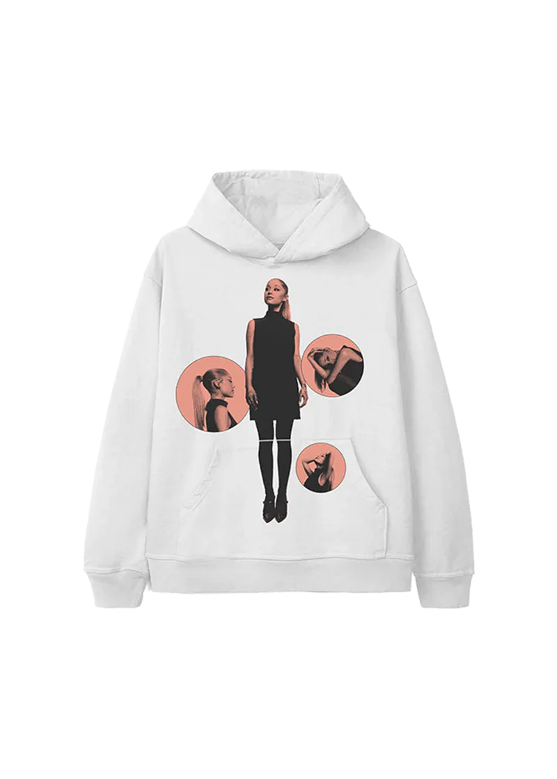 White Ariana Grande hoodie featuring four pink circular photo bubbles and a central full-body image of Ariana in a black dress, referencing the Eternal Sunshine album visuals. A modern, artsy collage-style graphic printed across the chest.

