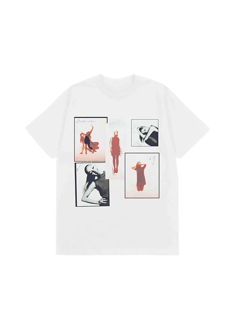 White Ariana Grande t-shirt with a collage of stylized black-and-white and red-toned photos of Ariana in various poses from the Eternal Sunshine era. The artboard layout features a mix of candid and editorial-style imagery with a creative, scrapbook feel.

