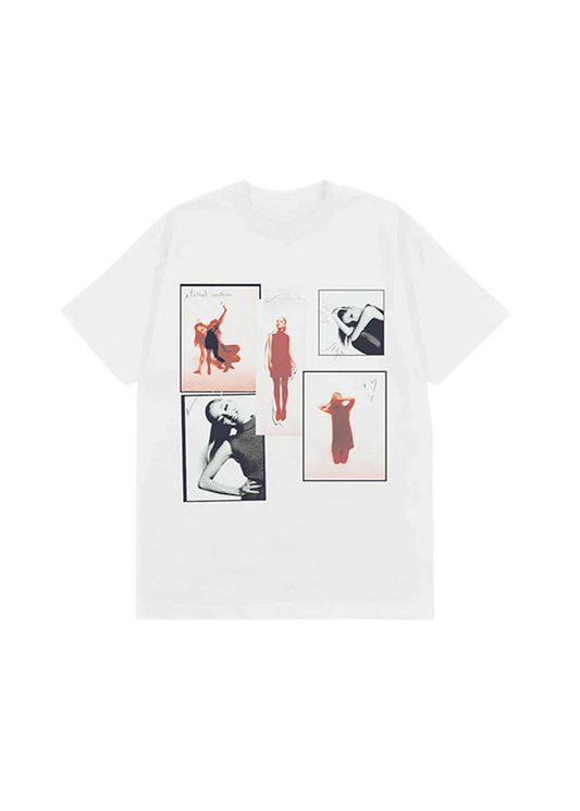 White Ariana Grande t-shirt with a collage of stylized black-and-white and red-toned photos of Ariana in various poses from the Eternal Sunshine era. The artboard layout features a mix of candid and editorial-style imagery with a creative, scrapbook feel.

