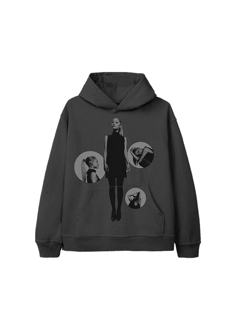 Dark grey hoodie featuring a central black-and-white full-body photo of Ariana Grande in a sleeveless dress, surrounded by three circular portrait shots; stylish merch from the "eternal sunshine" collection.