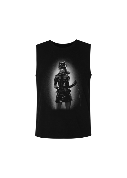 Black muscle tee featuring a striking spotlight-style graphic of Ariana Grande in a glossy latex catsuit and cat mask, holding a whip — bold and edgy design from the the boy is mine visual era.

